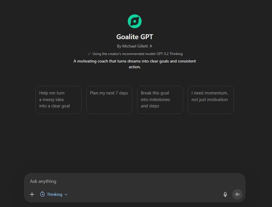 GoaliteGPT conversation interface — AI-powered goal coaching in ChatGPT