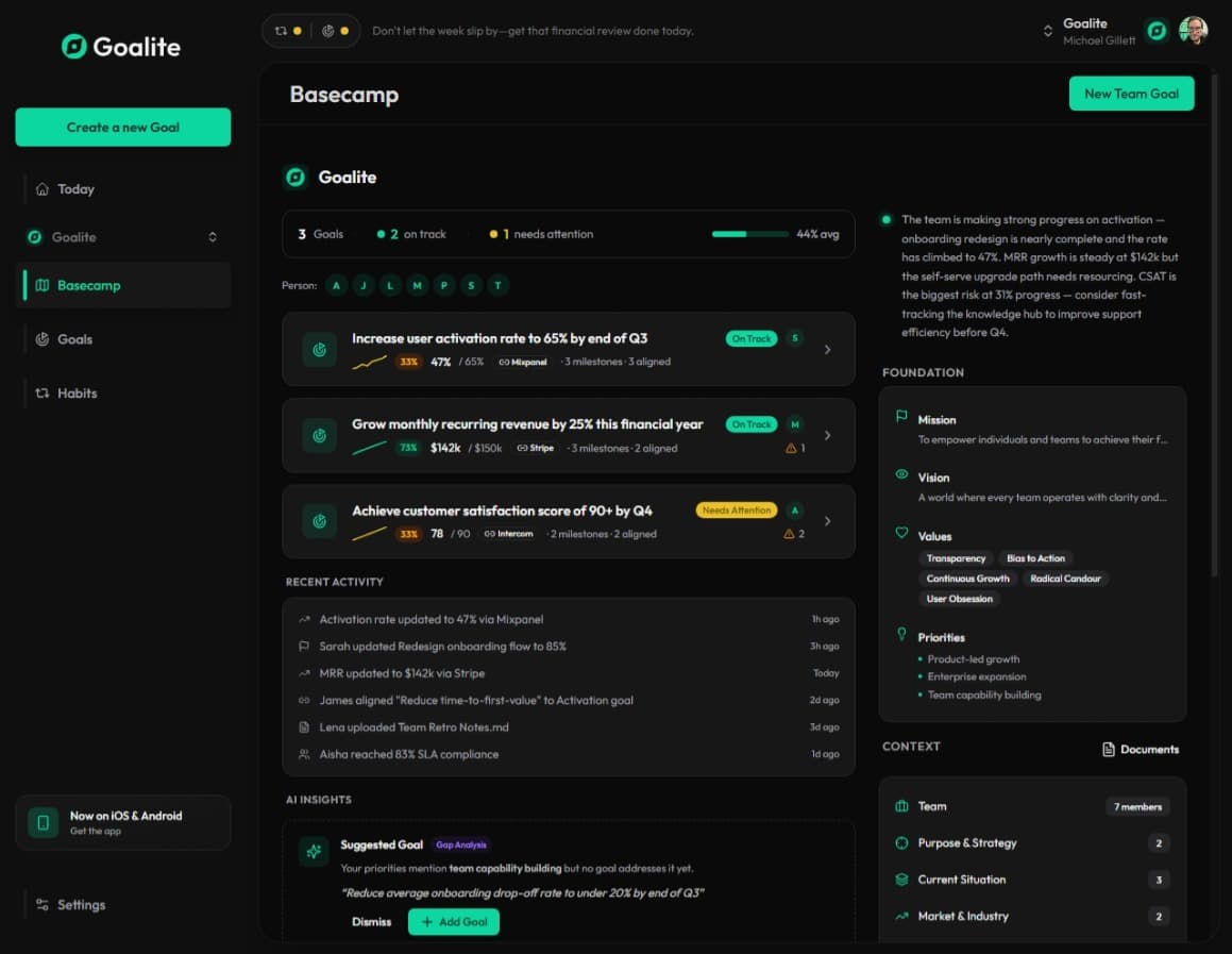 Goalite inside Microsoft Teams — goal dashboard and daily habit check-in available in the Teams sidebar