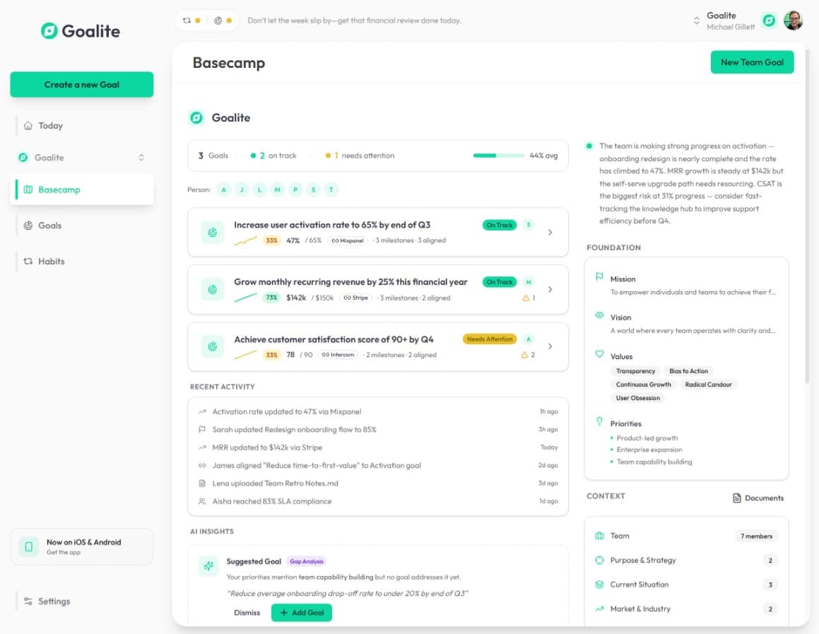 Goalite inside Microsoft Teams — goal dashboard and daily habit check-in available in the Teams sidebar