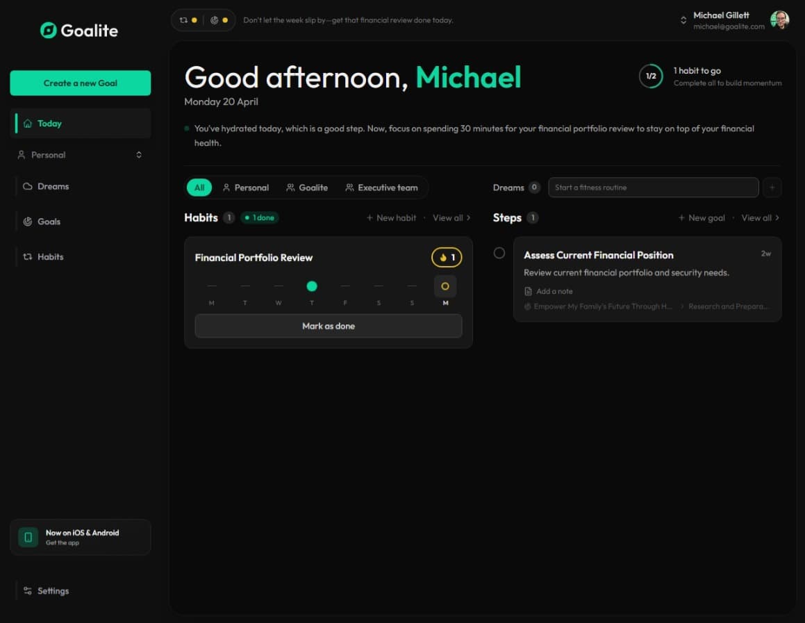 Goalite feature dashboard — Today view showing goals, habits, and daily priorities