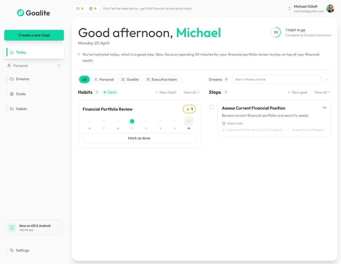 Goalite feature dashboard — Today view showing goals, habits, and daily priorities